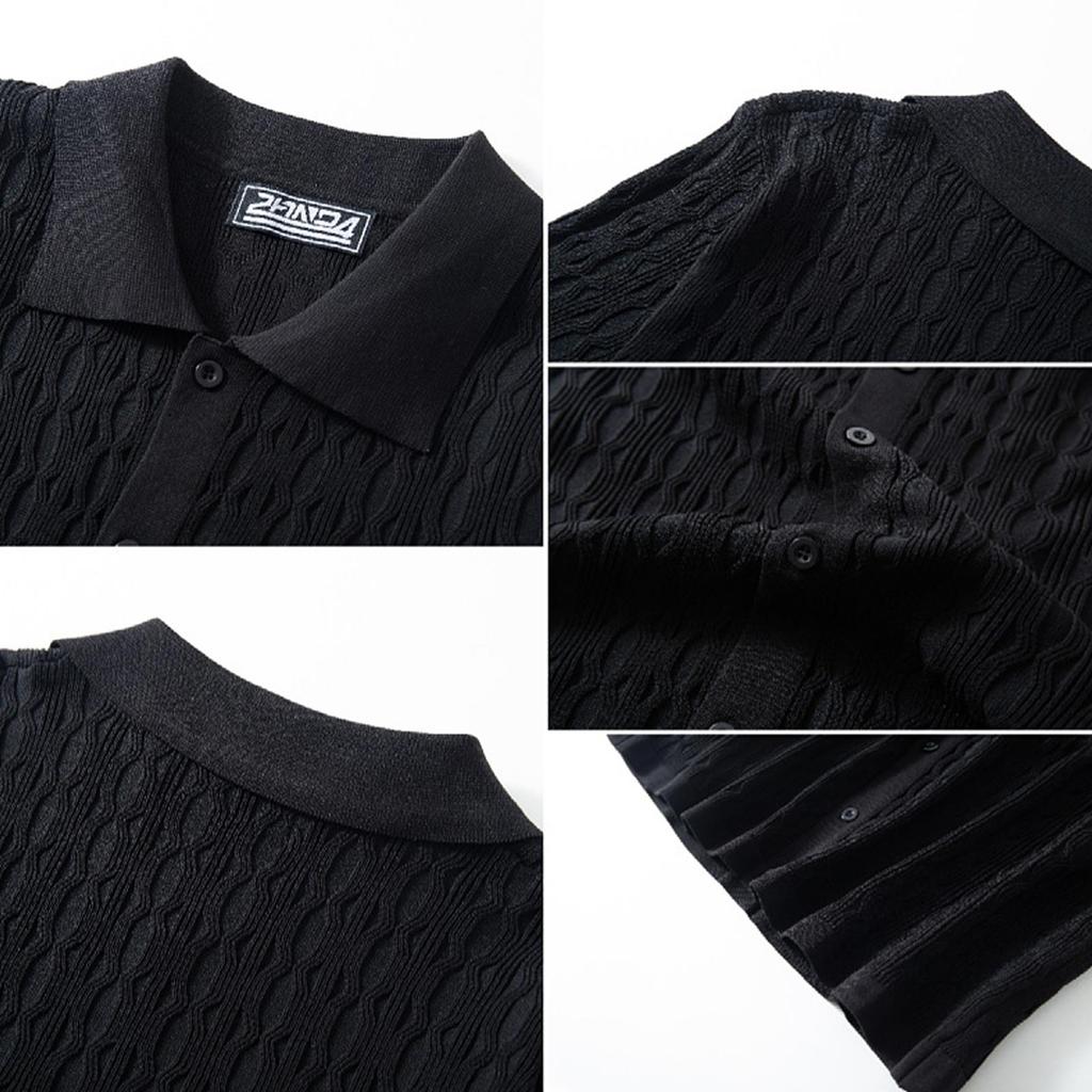 Men's Summer Casual Knit Jacquard Short Sleeve Cardigan Business Polo Shirt Button Front Lightweight Breathable Fabric