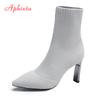 Fashion Aphixta Black Knitting Elastic Women Socks Boots Shoes Elegant Metal Thin High Heel Pointed Toe Ankle Boots for Women
