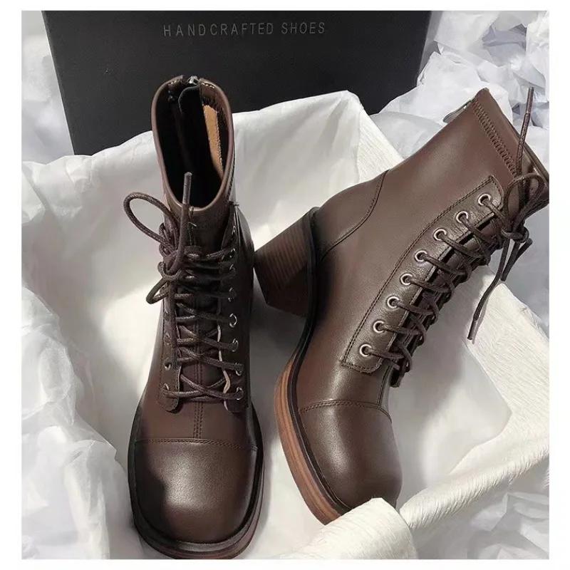 Fashion Platform Ankle Boots For Women Autumn Back Zipper Lace Up Shoes Woman Chunky Heels Leather Short Botas Mujer