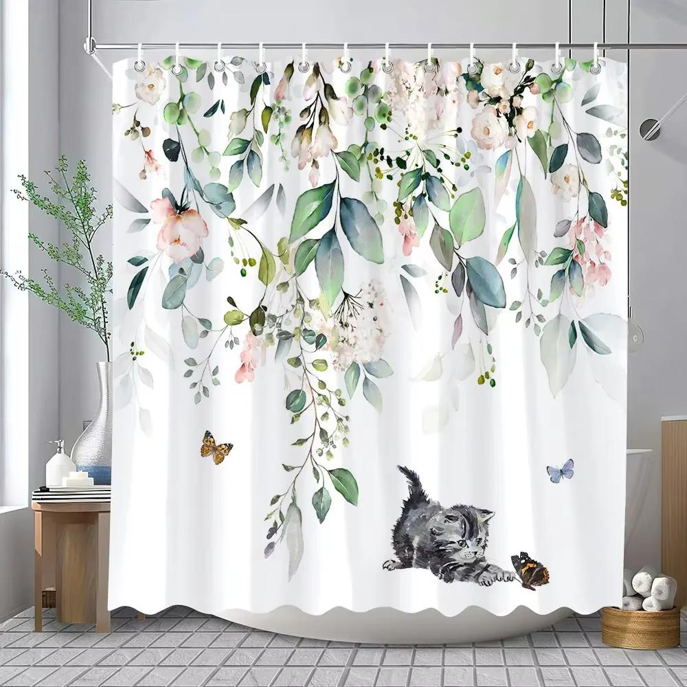 Cartoon Cat Shower Curtain, Bathroom Decorative Flowers Shower Curtains, Home Printed Polyester Fabric Curtain with Hooks