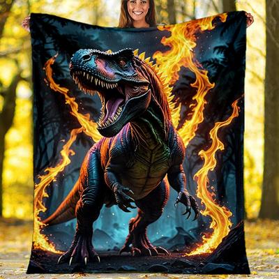 Fire Tyrannosaurus Dinosaur Graphic Fleece Printed Flannel Blanket, Warm Soft Throw Sofa Bed Blanket