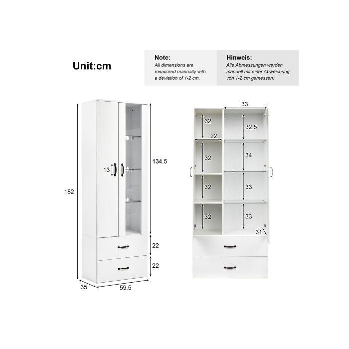 Vitrine Éclairée LED - MUVOE - 2 Portes - Blanc - 16 Couleurs - Autoportante