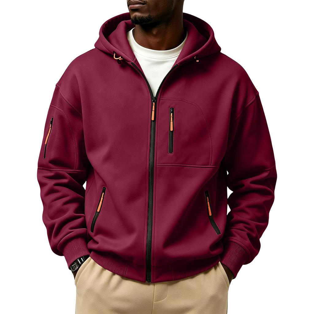 Men's Winter Color Hooded Zip-Up Sweatshirt with - Pockets for Daily Wear
