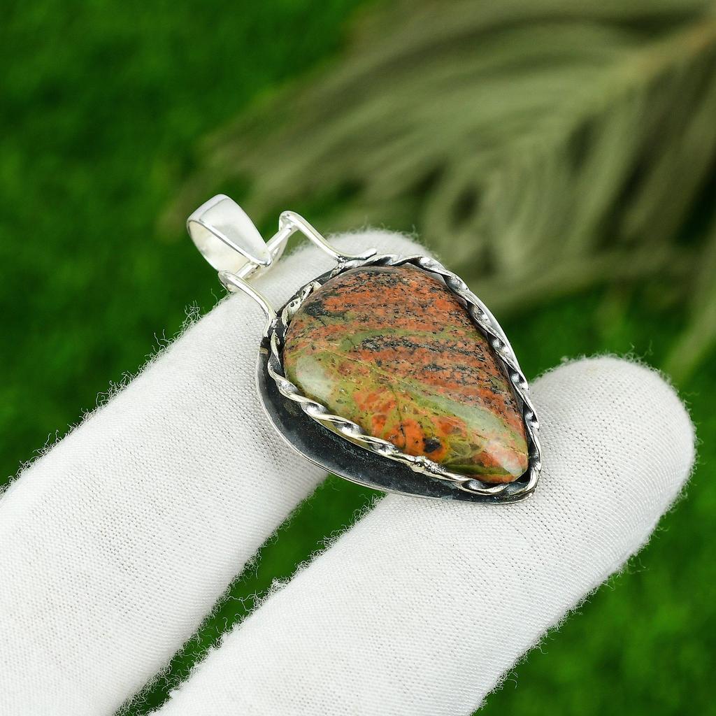 Natural Unakite Gemstone Indian Jewelry 925 Sterling Silver Pendant For Girls