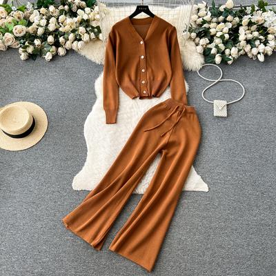 Herbst Winter Vintage Gestrickte Pullover Hose 2 Stück Set Frauen Trainingsanzug Einreiher Jacke Mantel + Knöchel Länge Hosen Outfits