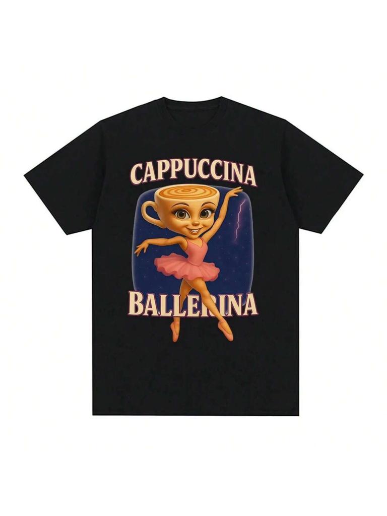 T-shirt Mignon Café Cappuccina Ballerine Italien Brainrot Meme Drôle T-shirt Hommes unisexe Haute Qualité Oversize 100% Coton T-shirt