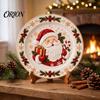 Round Plate Decor Wooden Christmas Plate, Santa Snowman Stocking Tree Bell Sleigh Dish Xmas Party Supplies Decor, Tabletop Ornament for Home