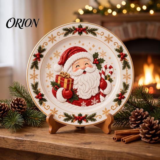 Round Plate Decor Wooden Christmas Plate, Santa Snowman Stocking Tree Bell Sleigh Dish Xmas Party Supplies Decor, Tabletop Ornament for Home