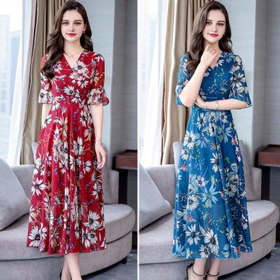 Robe Maxi Décontractée Fluide en Chiffon pour Femme Coupe A Volants Manches Courtes Col V Robe Longue Bohème Florale Robe d'Été
