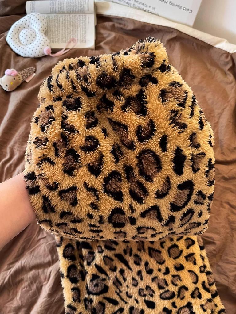 Jogging Velours Large Jambe Imprimé Léopard Taille Haute à Cordon de Serrage pour Femmes