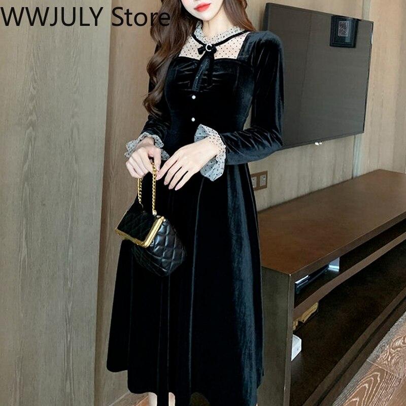 Buy Velvet One Piece Dress Korean Fashion Black Midi Dress Women Party Long Sleeve Bow Y2k Dress Office Lady 21 Winter Lace Up At Affordable Prices Free Shipping Real Reviews With