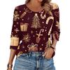Women's Fashion Casual 3/4 Christmas Print Color Shirt Women's Round Neck Tops