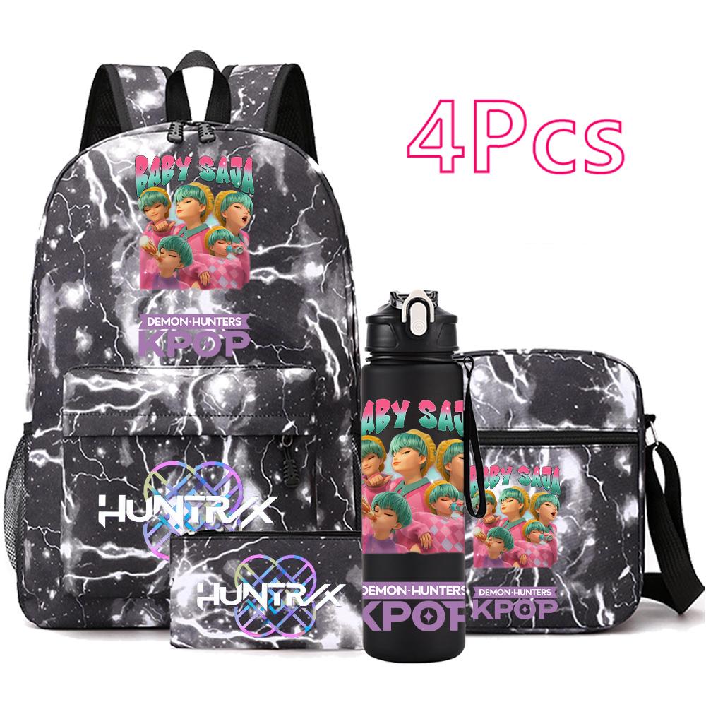 4-teiliges/Set Anime Niedlich K-Pop Bedruckter Rucksack mit 750 ml Wasserflasche für Teenager Schüler Mädchen Junge Schultasche Kindergeschenk Große Kapazität Reisetasche Mochila