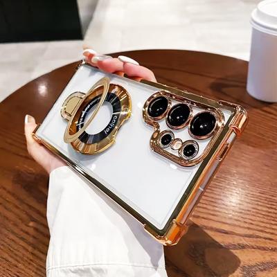 Luxury Plating Magnetic Bracket Shockproof Case For Samsung Galaxy S24 S23 FE S22 Plus S25 Ultra A56 A36 A16 Stand Holder Cover