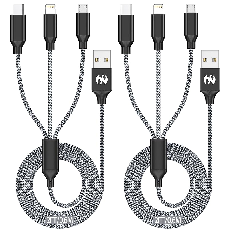 

Multi Charging Cable 2ft 2Pack 3 in 1 Charger Cord, Short Multiple Rapid Nylon Braided Cable USB Charging Cable Multi Phone Charger Cord with Type C Black/Grey-2ft