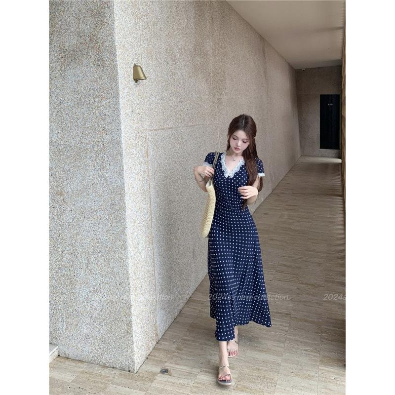 Retro niche design sense lace edge polka dot v-neck dress women's summer waist high-end sense a-word long dress