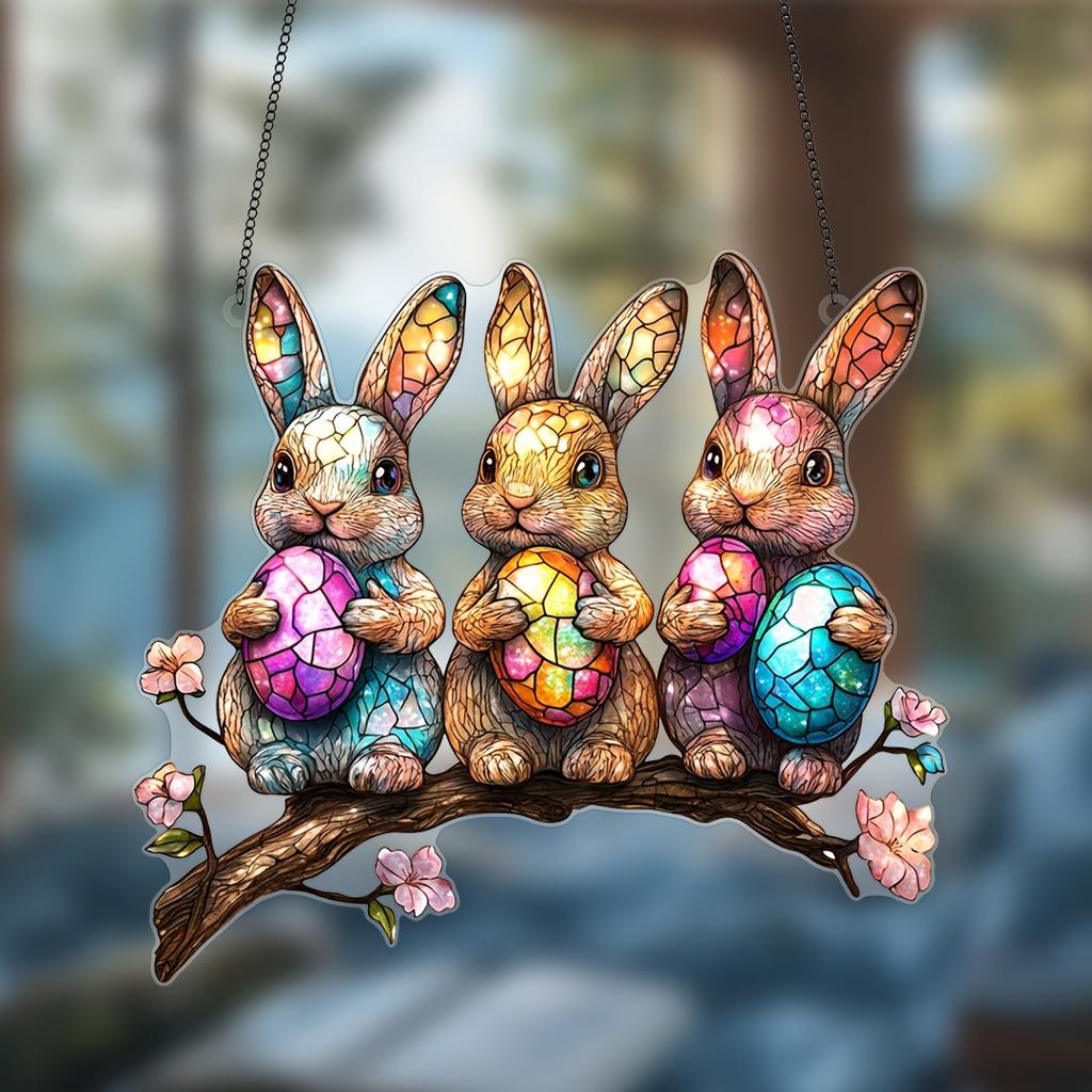 Three Rabbits Holding Colorful Eggs Hanging Decoration Hanging Pendant Wind Chime Suncatcher Home Window Ornament Garden Decor