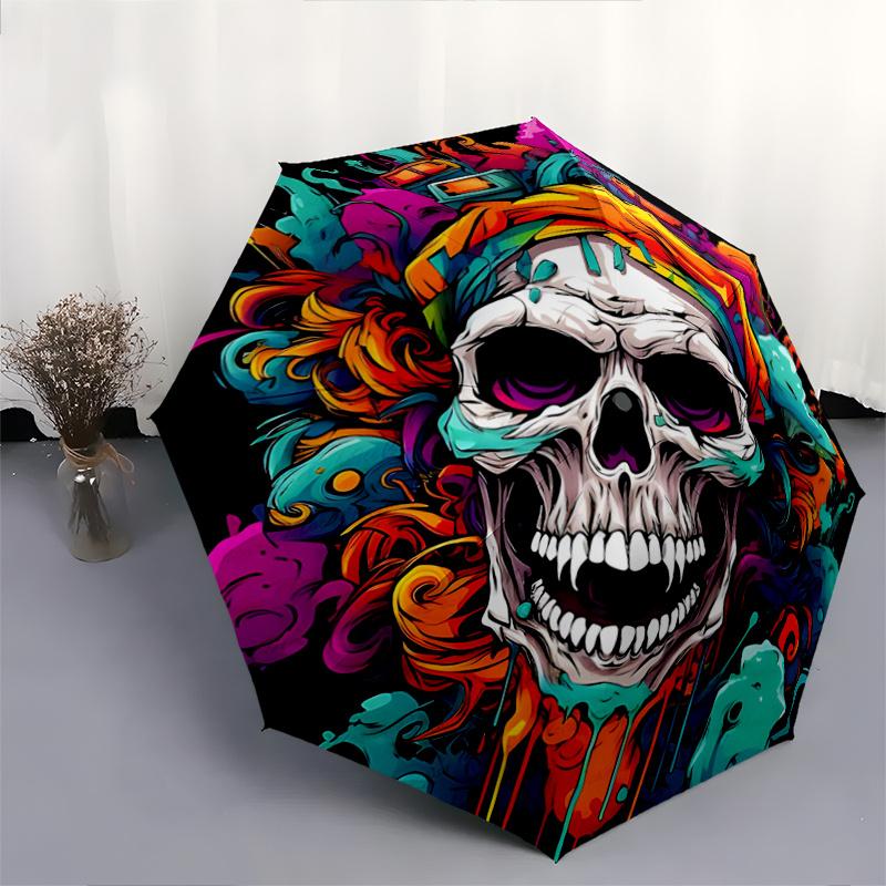 1pc Colorful Skull Design Automatic Opening/Closing Umbrella - Portable 3-Fold Design, 8-Bone Iron Frame Outdoor Umbrella, Ideal Gift for Fans, T