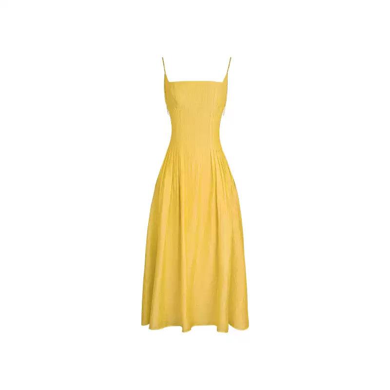 French halter sexy yellow suspender dress summer new suspender dress waist long dress vacation skirt