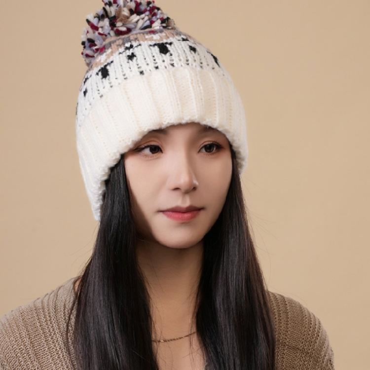 Pompoms Contrast Color Winter Hat Knitted Slouch Skull Hat Adjustable for Outdoor Activity Everyday Use Head Accessory