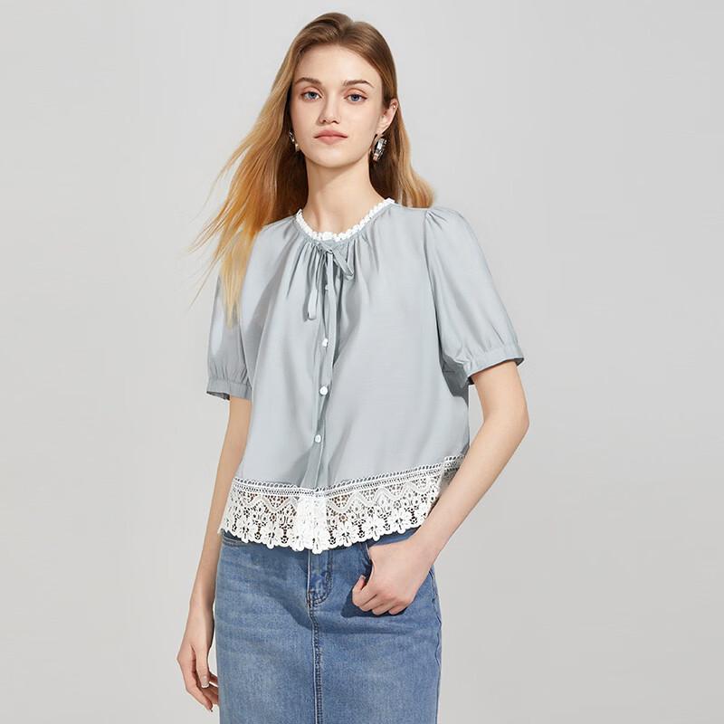 Women s Lace Patchwork Draped Short Sleeve Blouse US 8