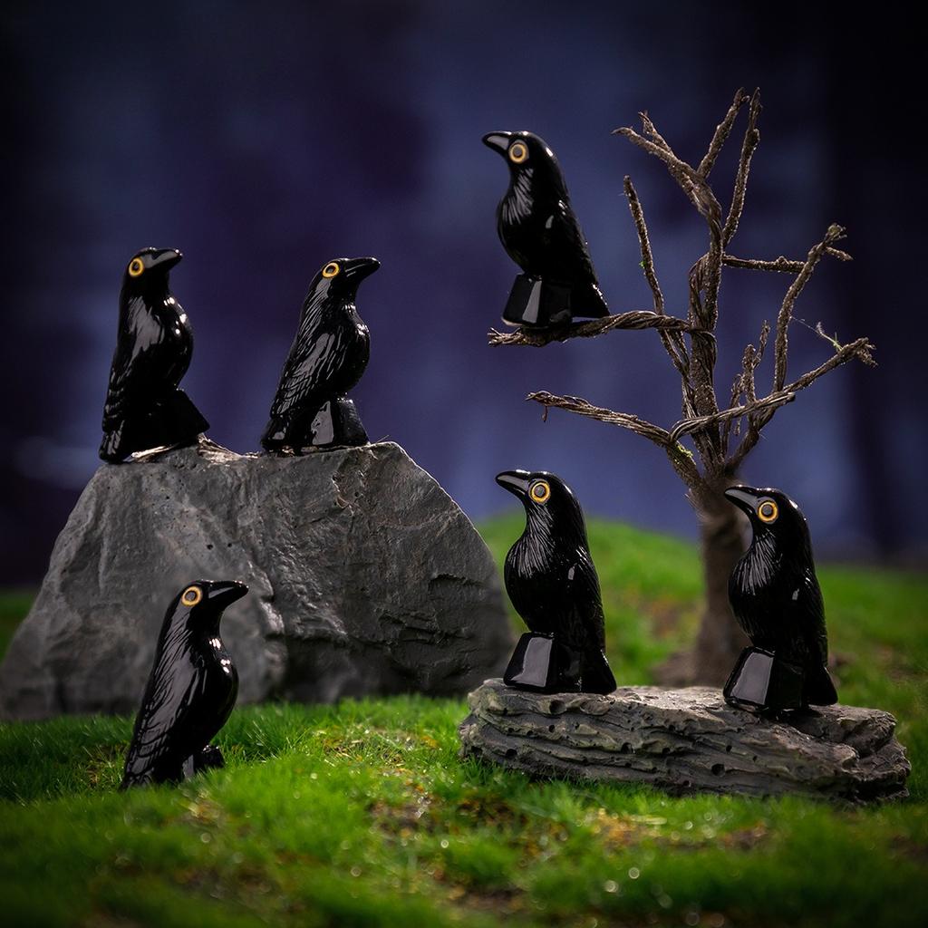 50 Pcs Mini Resin Halloween Figurines Luminous Miniature Crows Black Raven Resin Crows Figures For House Halloween Scene Decor