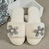 Fashion Crystal Flower Women's Fluffy Slippers Autumn Winter Open Toe Plush Home Slides Women Non Slip Indoor Bedroom Cotton Shoes Woman