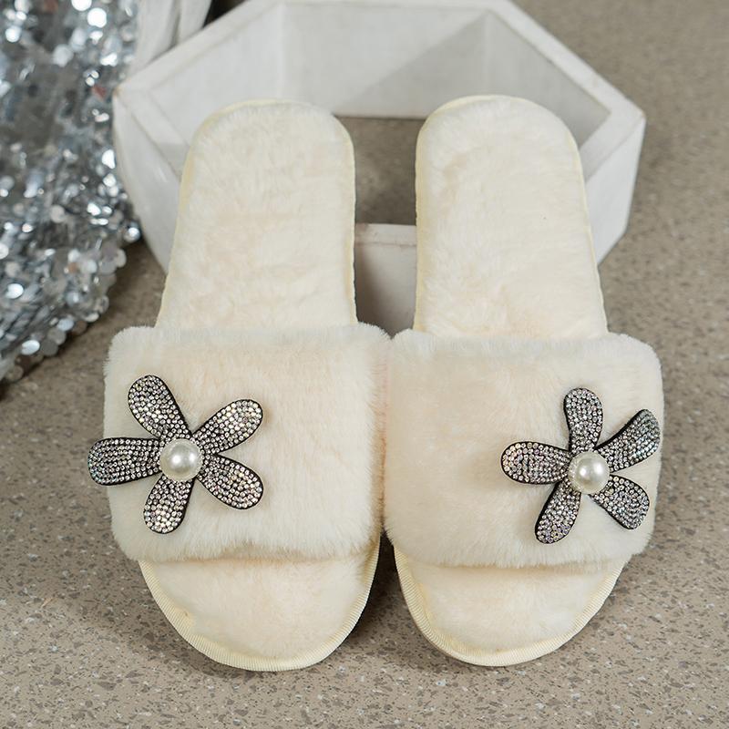 Fashion Crystal Flower Women's Fluffy Slippers Autumn Winter Open Toe Plush Home Slides Women Non Slip Indoor Bedroom Cotton Shoes Woman