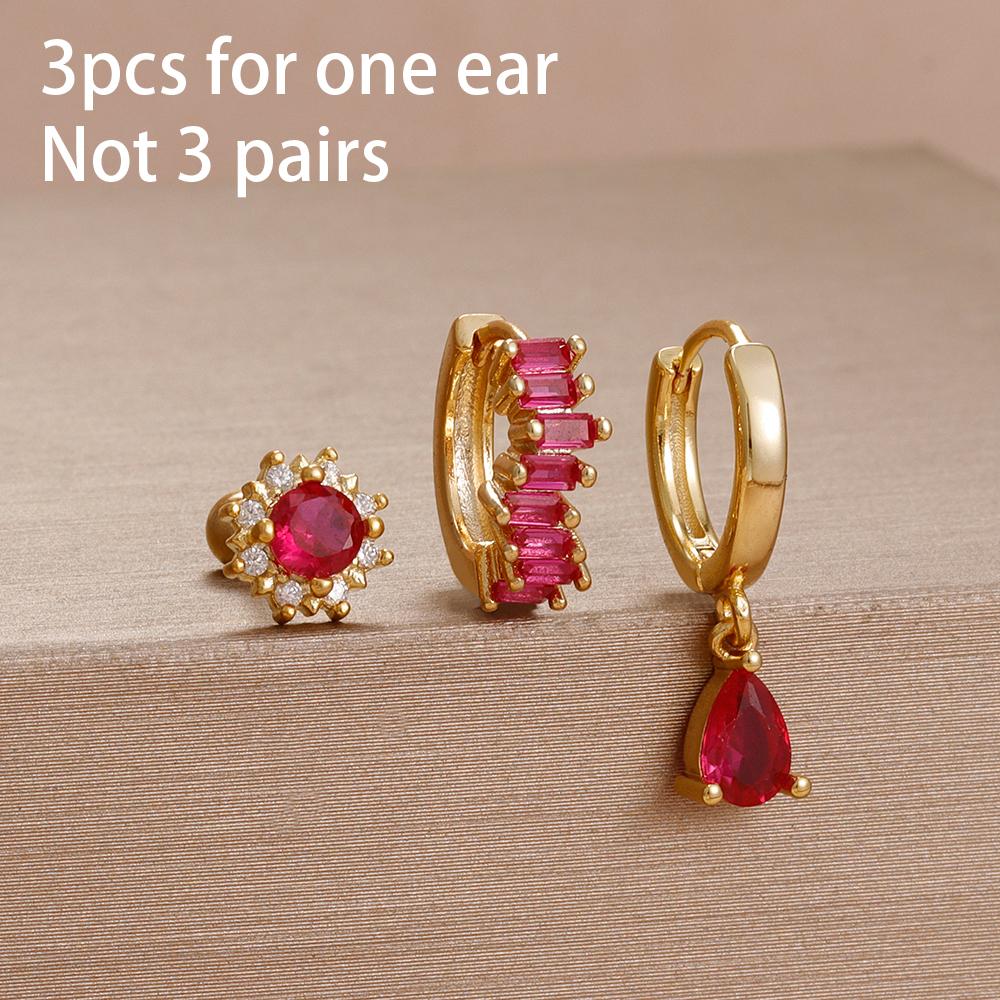 3PCS Unique Stainless Steel Earrings Set for Women Rose Red Crystal Zircon Huggie Hoop Earring Wedding Romantic Jewelry