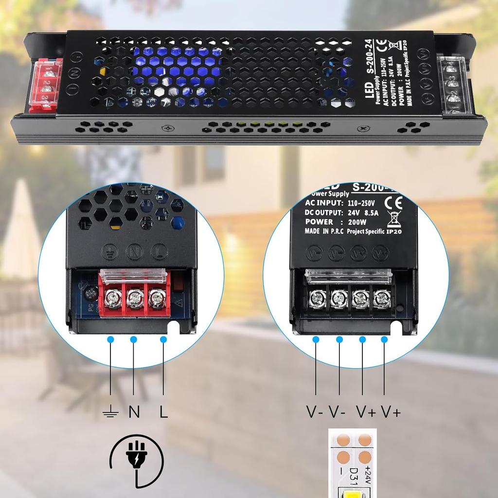 inShareplus DC 24V 8.5A 200W Switching Power Supply, AC 110~250V to 24 Volt Universal DC Transformer Driver, LED Power Supply, Converter Adapter for
