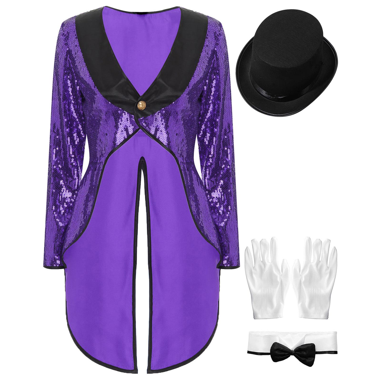 

Womens Magician Costume Set Long Sleeve One Button Patchwork Sequin Tailcoat Hat Bow Collar Gloves Halloween Cosplay S фіолетовий
