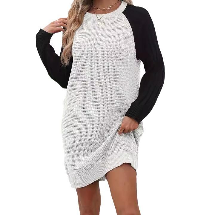 Women's Sweater Autumn and Winter Long Round Neck Colorblocking Pin Sweater