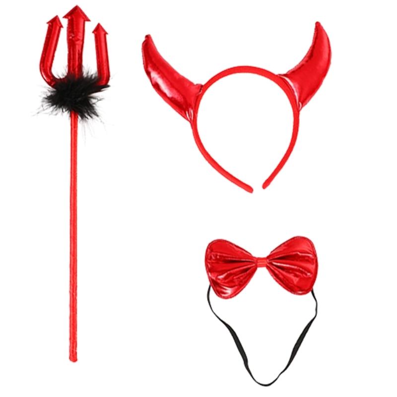 Halloween Devil Costume Kits Including Horn Headband Bowtie Tail Demons Dress Up Outfit Halloween Cosplays Party Props