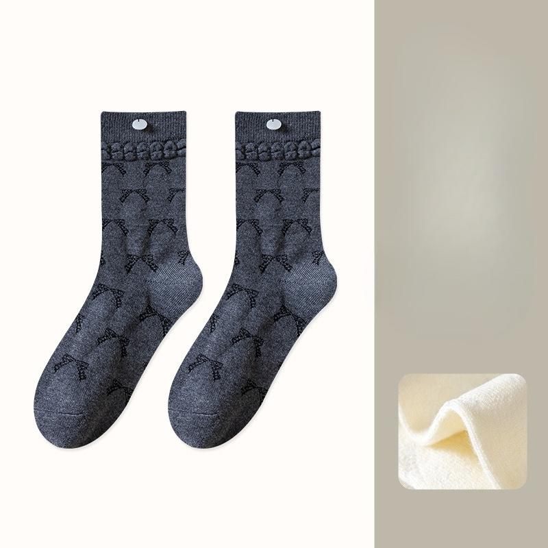 Fine Cashmere Mid-calf Socks for Women, Three-dimensional Dark Flower Bow, Warm Autumn and Winter Girls, Mother-of-pearl Boneless Pile Socks