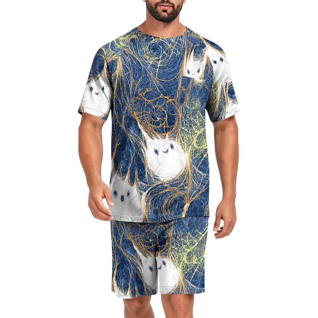 Men's Halloween Casual Pajama Set Short Sleeve Top and Shorts Comfortable Lightweight Sleepwear Set for Home Relaxation