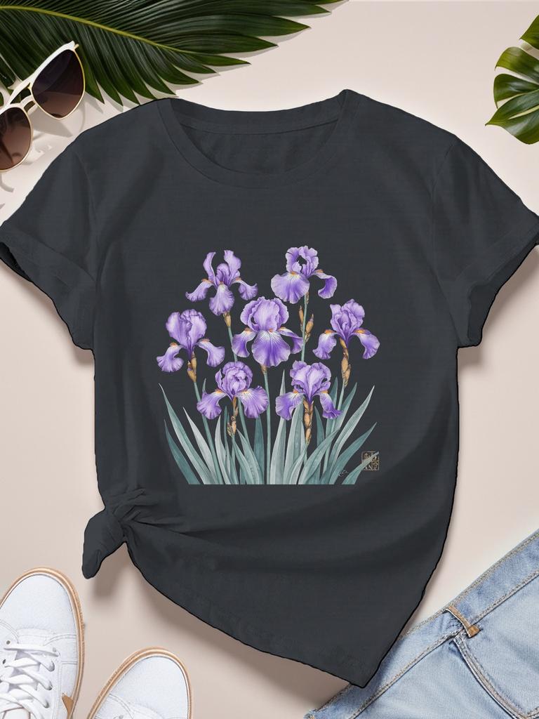 irises Background Women's T-Shirt Wildflower Floral Tee Birth Month Flower Gift for Sister Cute Aesthetic Flower Shirt Casual