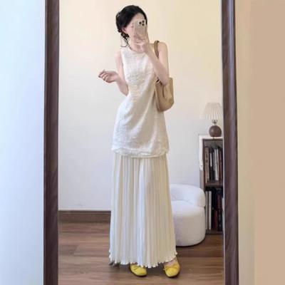 New French Retro Gentle Wind Fake Two-piece Pleated Sleeveless Vest Dress Femininity Long Skirt