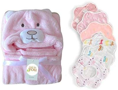 CREDIBLE Conjunto de Poncho Robe de Banho Animal para Bebê/Criança Pequena e Babador de Bebê (6 peças) com Mercadoria Original (Urso, Rosa) BM0217A