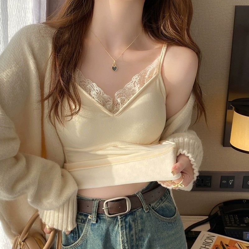 Damen Fleecegefüttertes Camisole mit Brustpolster Warme Weste Herbst Winter Unterwäsche Gebürstete Spitze Ärmellos Futtertop