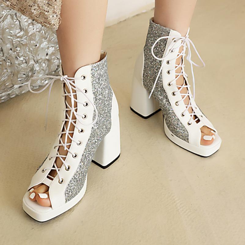FOREADA Women Sandals Peep Toe Thick High Heels Platform Glitter Lace-up Design Boots Ladies Fashion Shoes Summer White Black 46