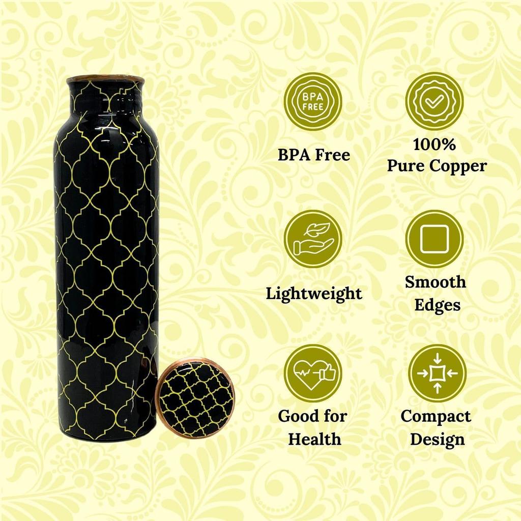 Pure Copper Water Bottle with Leakproof Protection | Ayurveda-Inspired Tamba Bottle for Yoga & Health Benefits (1L, Black Moroccan)