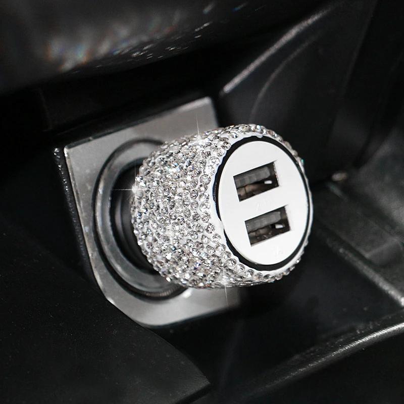 USB Car Charger Pink Crystal Diamond 5V 2.1A Dual Port Fast Charging Adapter 3 in 1 Charging Cable for IPhone Samsung Huawei