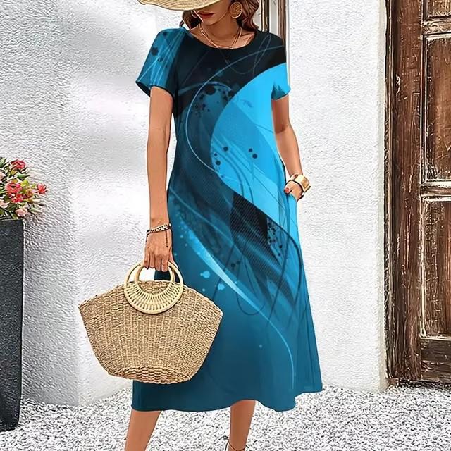Abiti con Stampa Digitale 3D Donna Estate Manica Corta Scollo O Casual Ampio Vestito