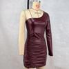 2025 Sexy One-Shoulder Single-Sleeve Ruched Bodycon PU Leather Mini Dress