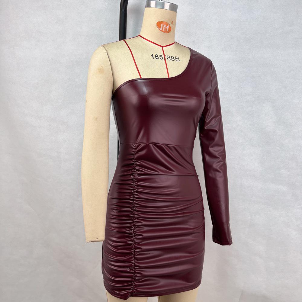 2025 Sexy One-Shoulder Single-Sleeve Ruched Bodycon PU Leather Mini Dress