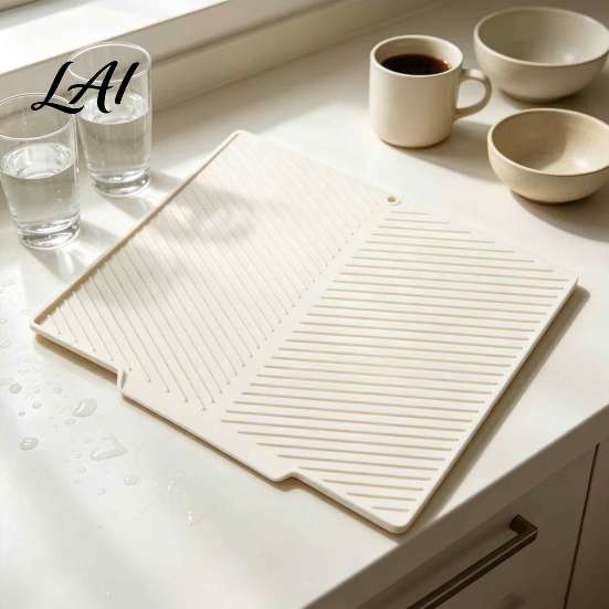 Flexible Draining Tray Silicone Dish Drying Mat for Kitchen Counter Heat Resistant Non-Slip Drain Food Grade Accessory Pad with Drainage Spout