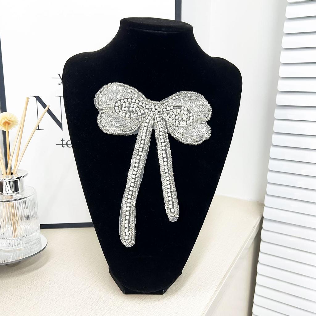 Eugen Yarn Beaded Silver Bow Lace Embroidered Cloth Sticker Wedding Dress Headgear Dress Decorative Accessories