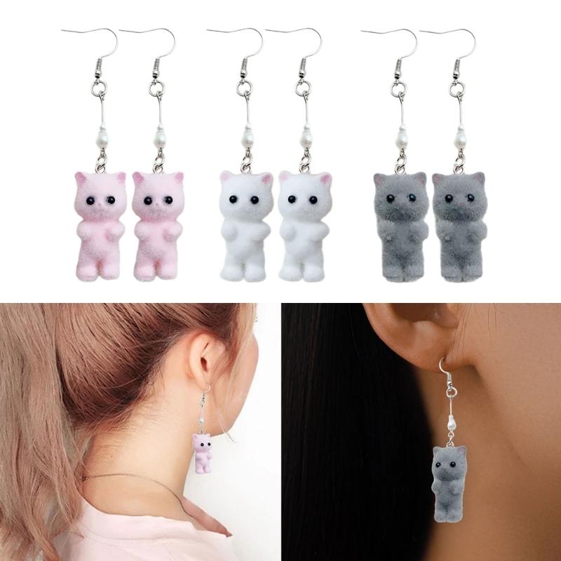 Unique Flocking Animal Earrings Cartoon Cats Shaped Ear Rings Ornament Women Girls Accessory Stylish Party Accessories