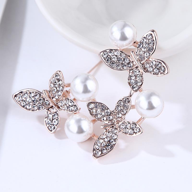 Mode Voller Diamanten Drei Schmetterlinge Dreidimensional Große Perle Brosche Anstecknadel Brosche Accessoires Brosche Schmuck