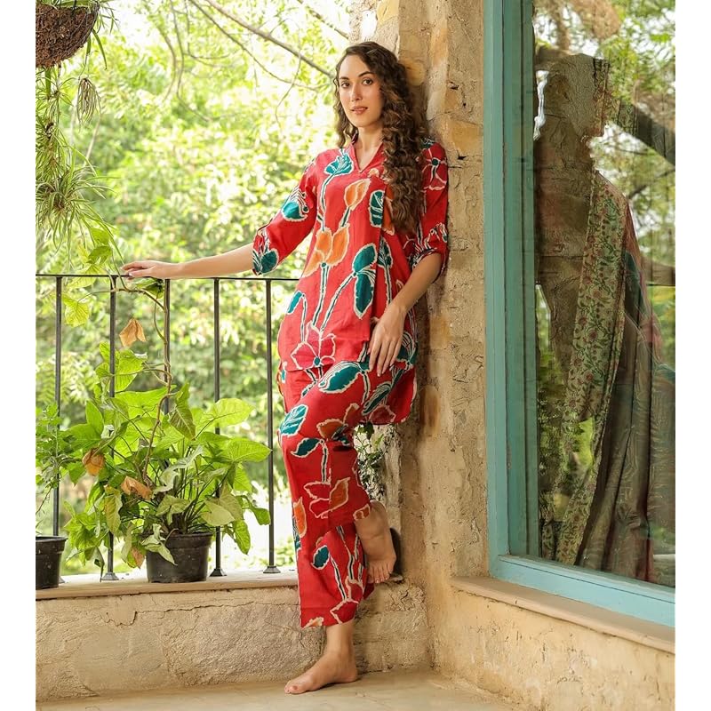 

Leriya Fashion Women Ethnic Kurta Set | Rayon Co-Ord Set | Fancy Pajama Set | Pack Of 2 | Floral Printed Top & Pant Set S красный